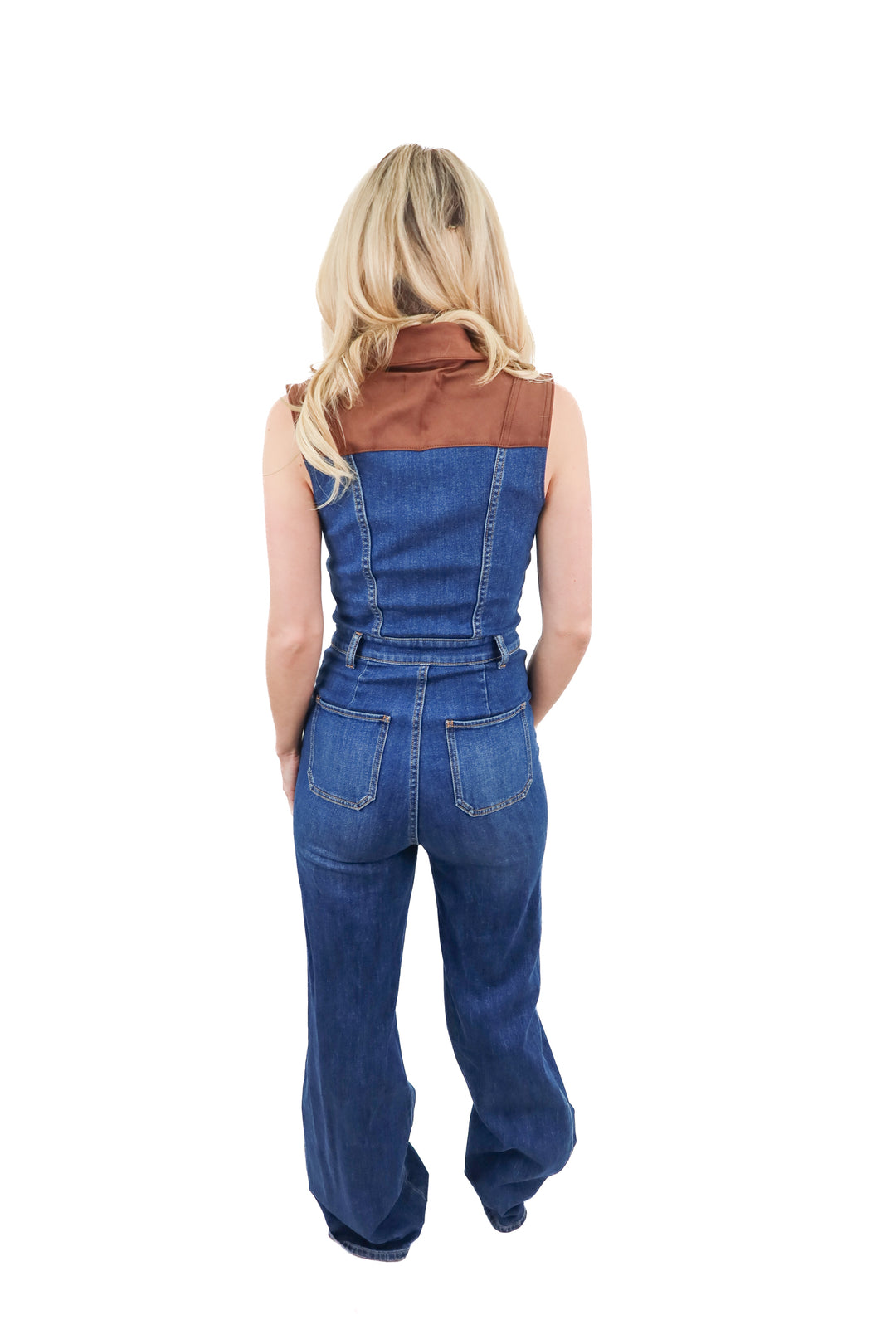 Ramy Brook denim and faux suede wideleg jumpsuit (26; retail $545)