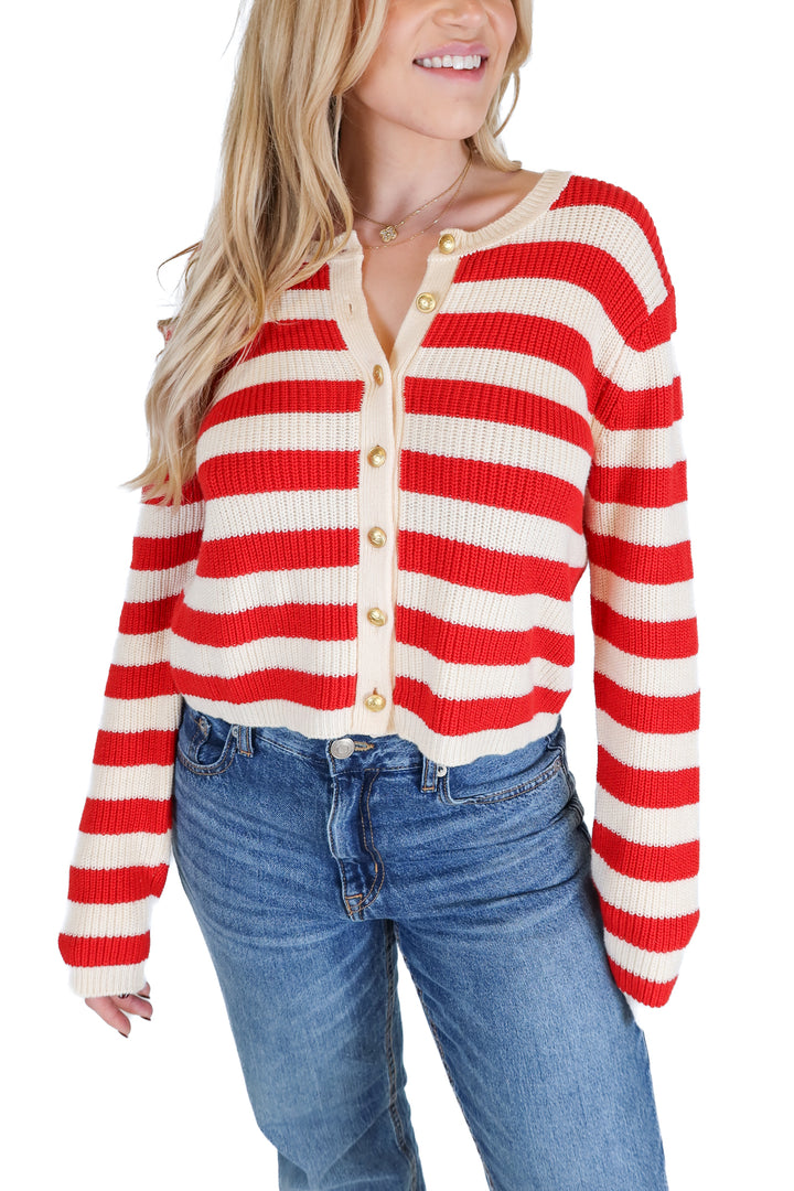 L'Academie Cream and Red Striped Cardigan (S)
