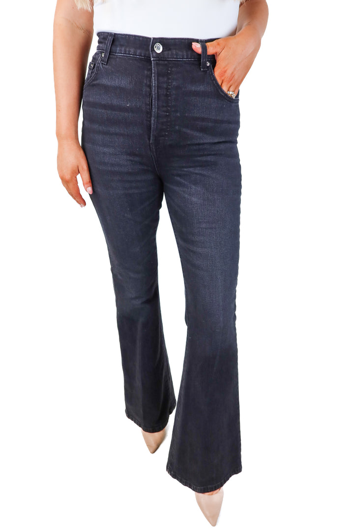 grlfrnd black flare jeans (28; retail $255)