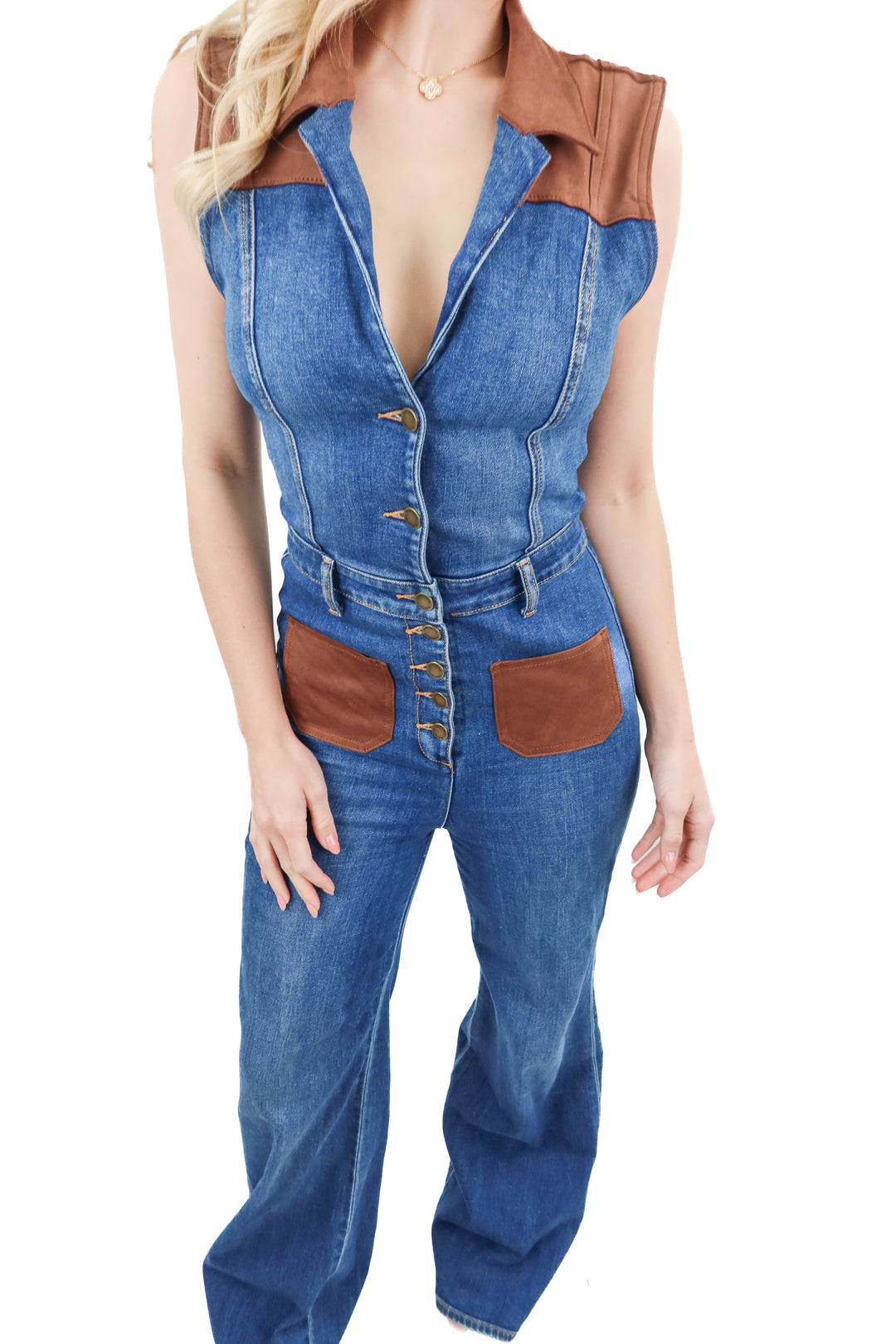 Ramy Brook denim and faux suede wideleg jumpsuit (26; retail $545)