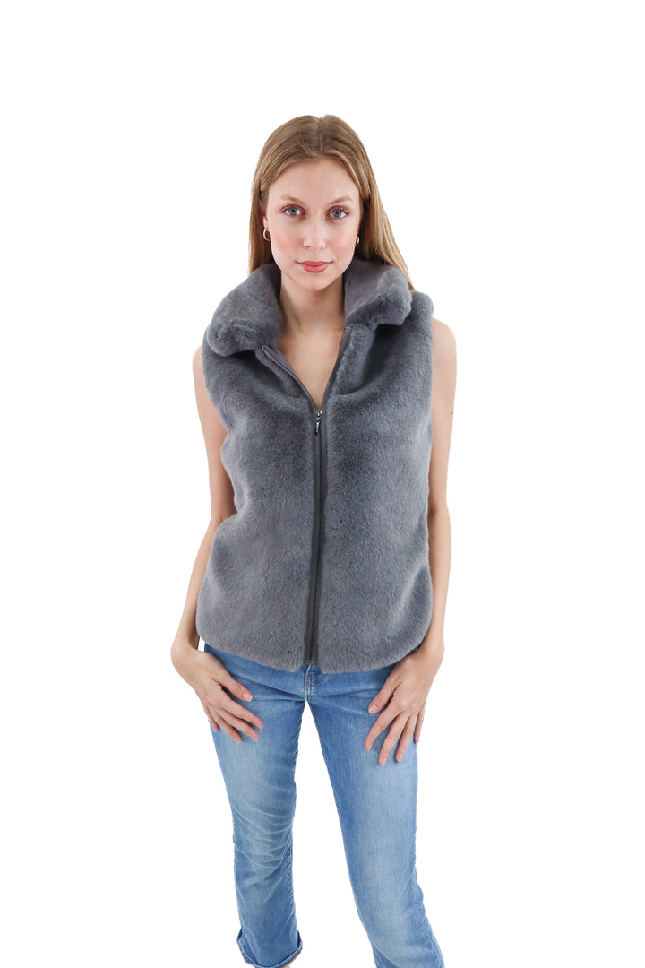 white house black market grey ribbed/fur vest (m)