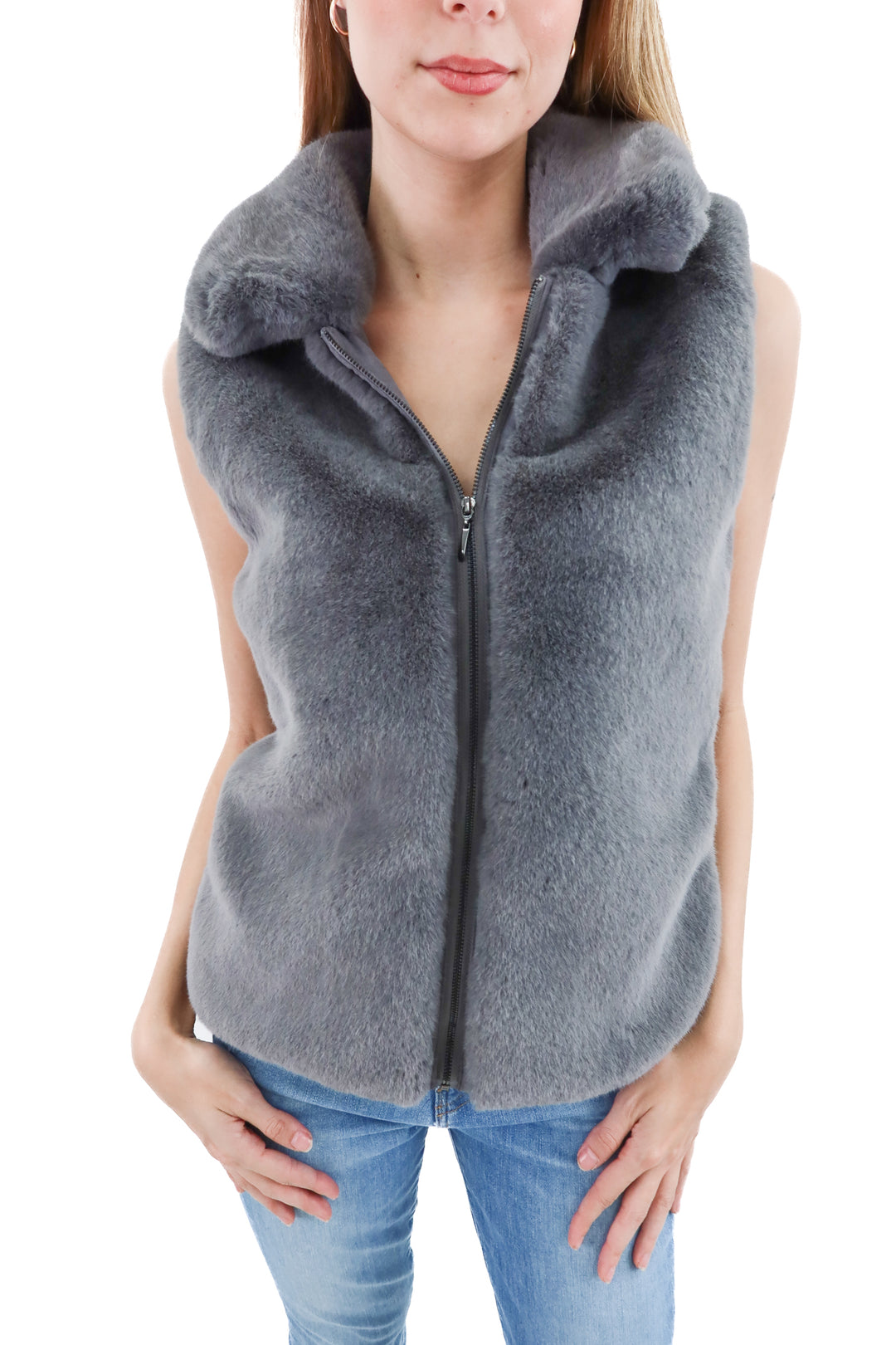 white house black market grey ribbed/fur vest (m)