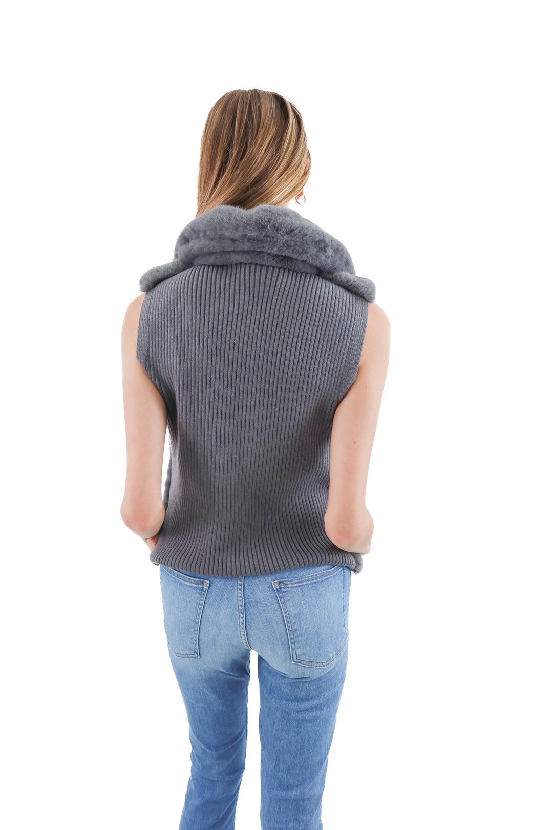 white house black market grey ribbed/fur vest (m)
