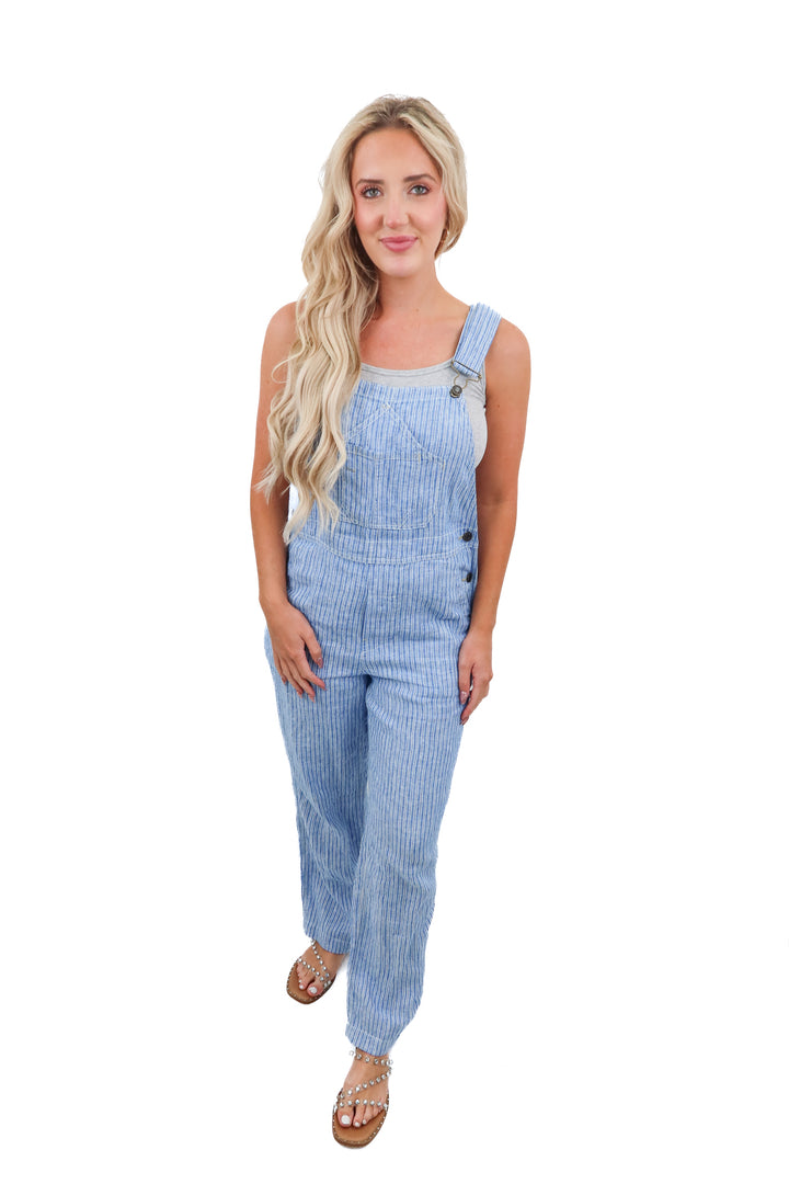 Faherty striped blue linen overalls (S; retail $198)