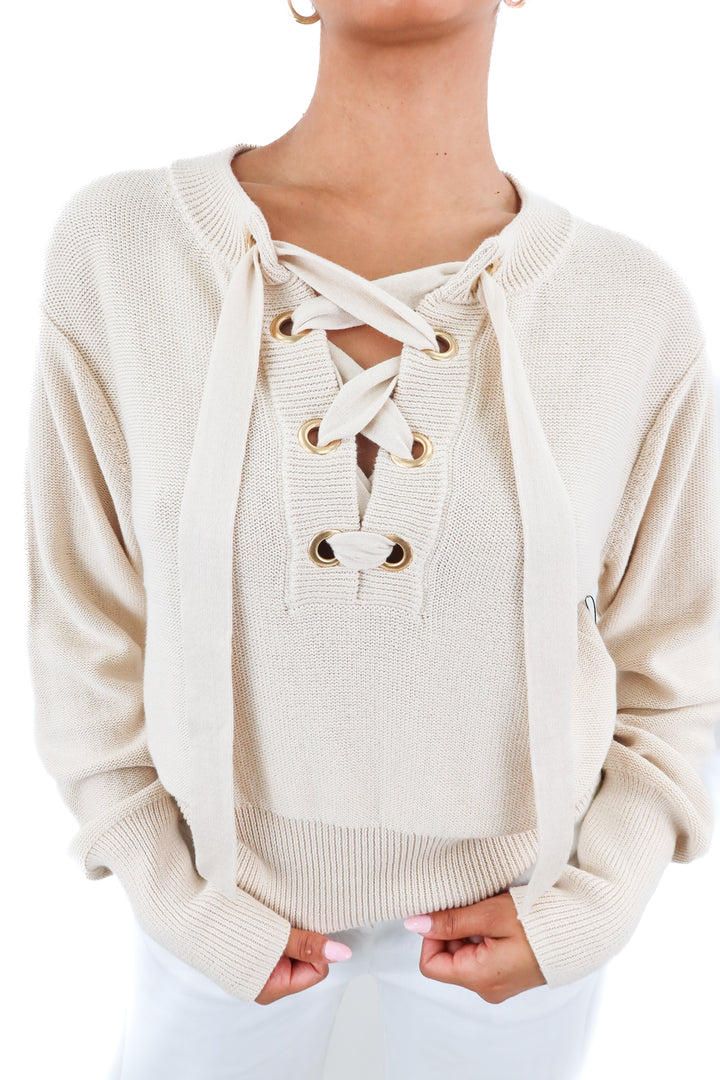 Nation beige knit lace up sweater NWT (S; retail $257)