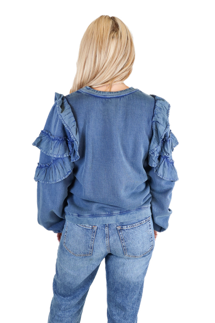 Tularosa Blue "Denim Look" Ruffle Sweatshirt (S; retail $138)