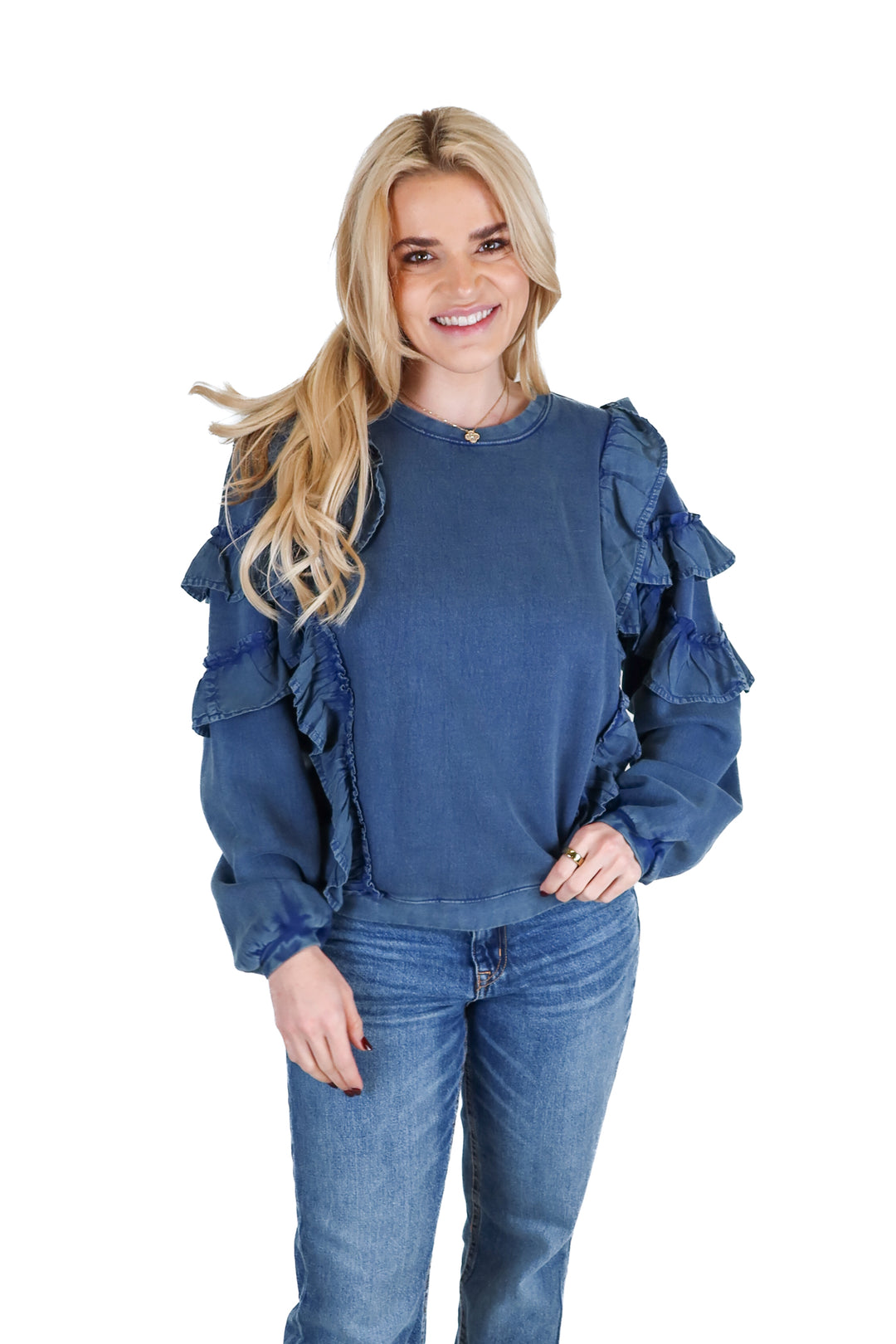 Tularosa Blue "Denim Look" Ruffle Sweatshirt (S; retail $138)