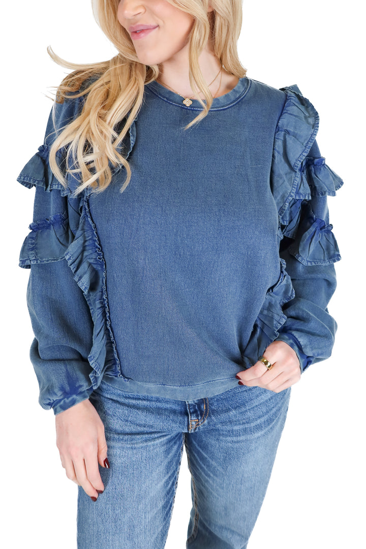 Tularosa Blue "Denim Look" Ruffle Sweatshirt (S; retail $138)