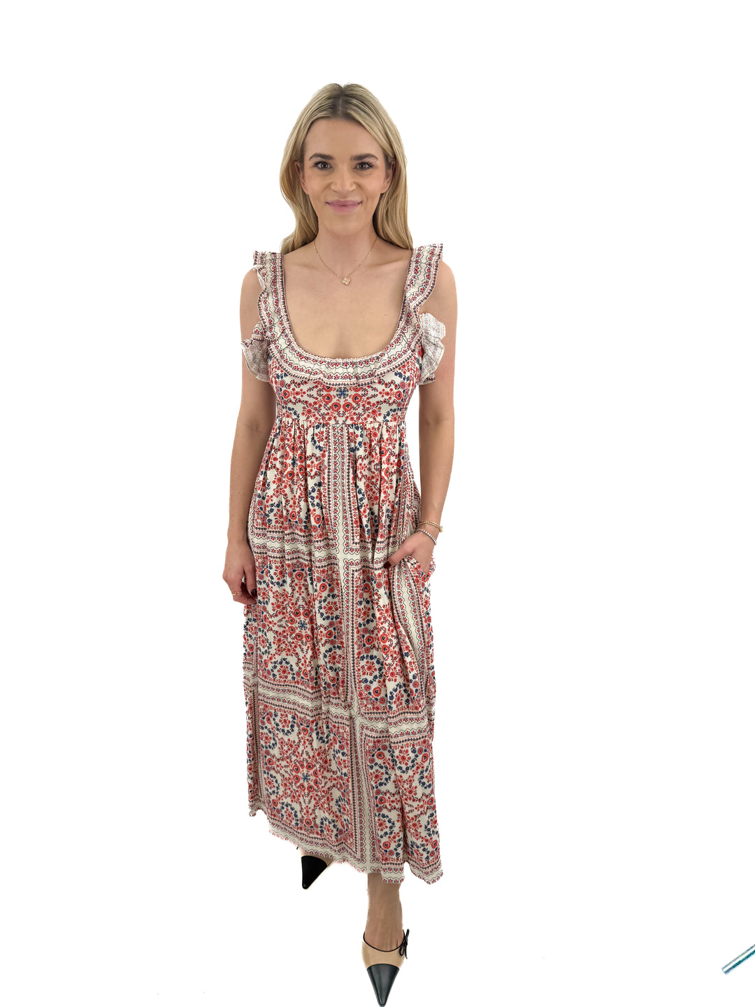 saylor cream/red/blue floral maxi dress (S; retail $253)
