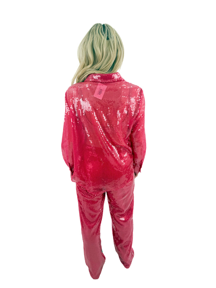 more to come pink sequin top and pants set (S; retail $198)
