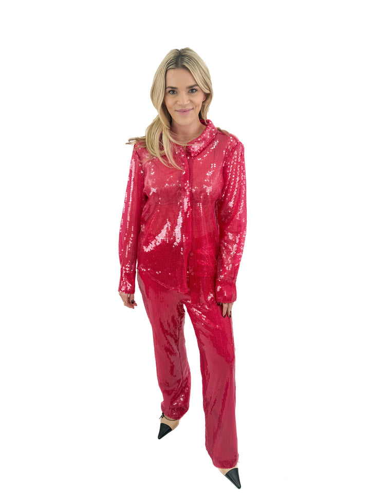 more to come pink sequin top and pants set (S; retail $198)