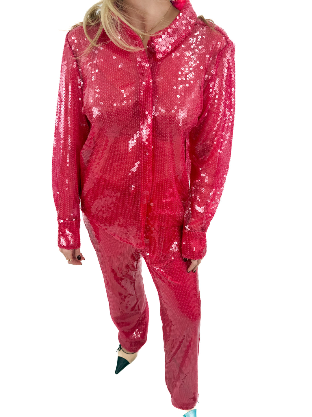 more to come pink sequin top and pants set (S; retail $198)