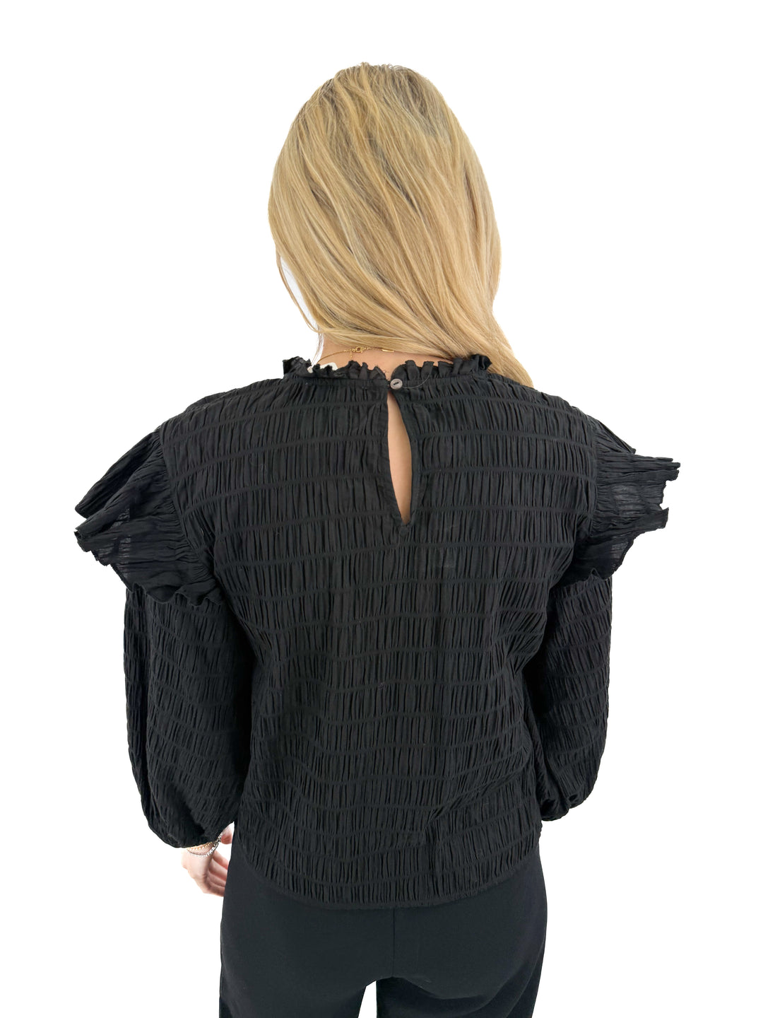 nation black smocked ruffle long sleeve top (S; retail $158)