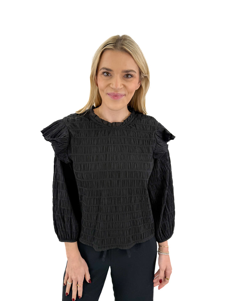 nation black smocked ruffle long sleeve top (S; retail $158)