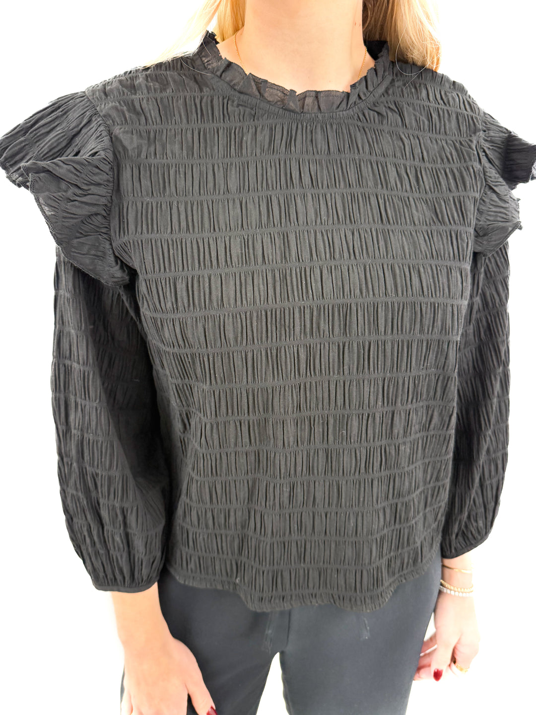 nation black smocked ruffle long sleeve top (S; retail $158)