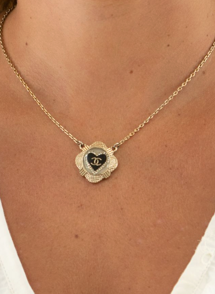 Chanel Resin Crystal Heart CC Necklace