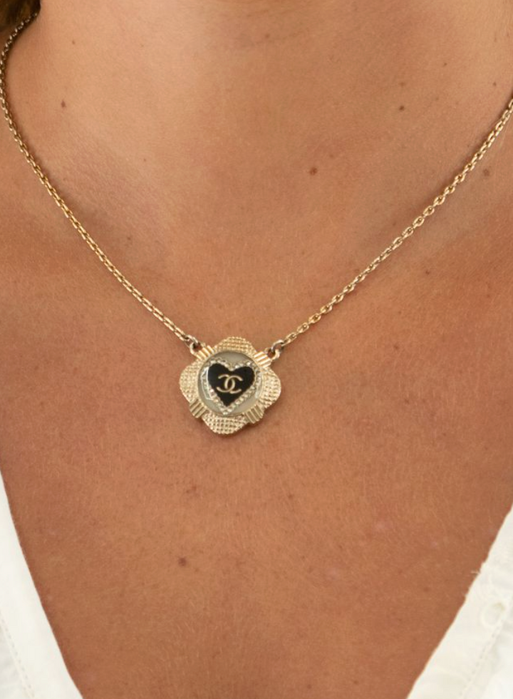 Chanel Resin Crystal Heart CC Necklace