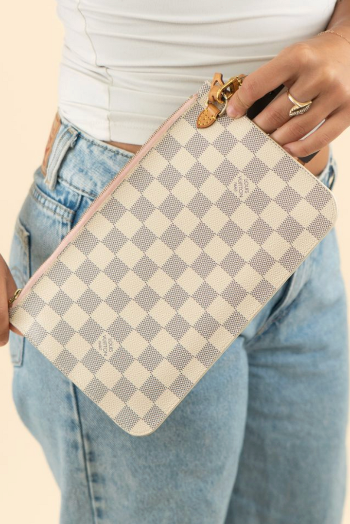 Louis Vuitton Damier Azur Wristlet with pink interior