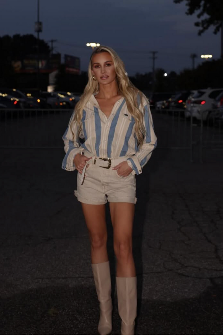 AUCTION wrangler medium wash and tan stripe button down top (s/m)