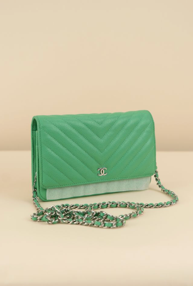 Chanel Green Chevron Wallet on Chain