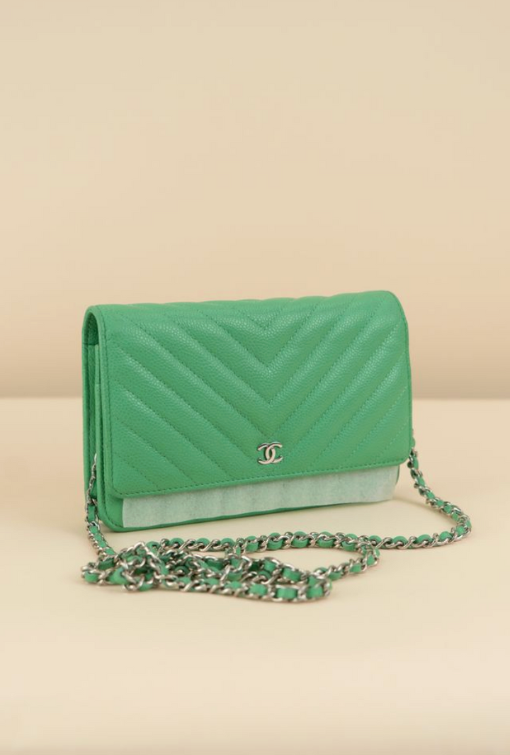 Chanel Green Chevron Wallet on Chain