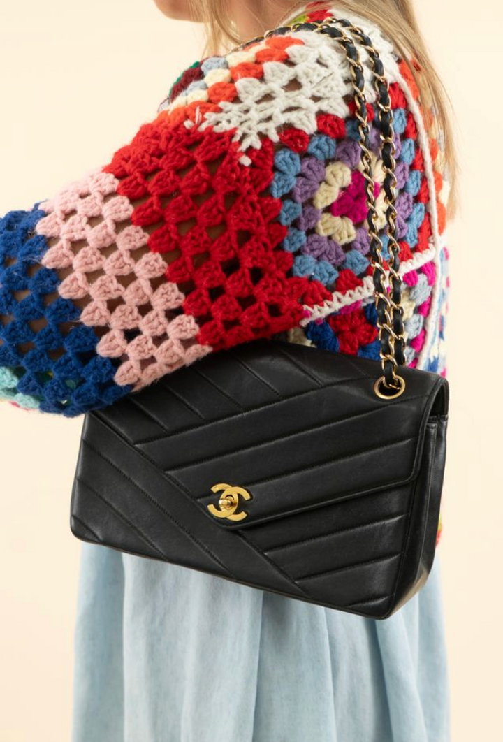 Chanel Black Lambskin Bias Quilted Shoulder Bag (vintage; typical resale $7,000)