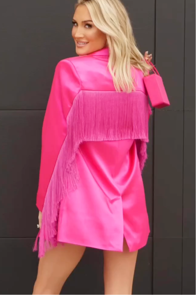 AUCTION nasty gal hot pink satin fringe blazer shorts set (2)