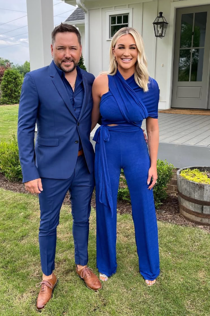 AUCTION jluxlabel royal blue shimmer criss cross top jumpsuit (s)
