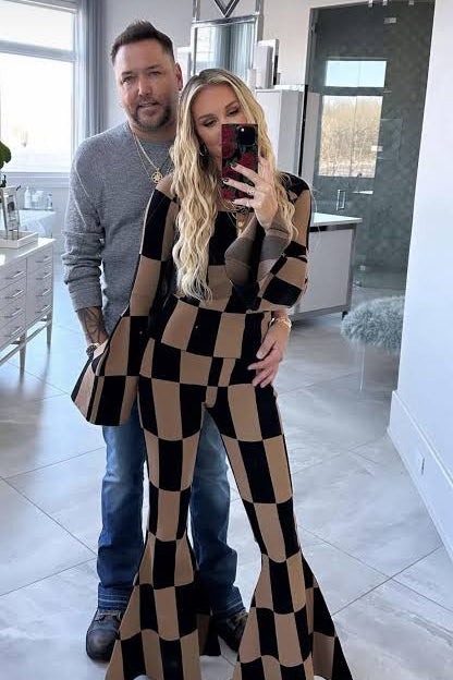AUCTION awake mode black brown checkered knit long sleeve top & pants set (s)
